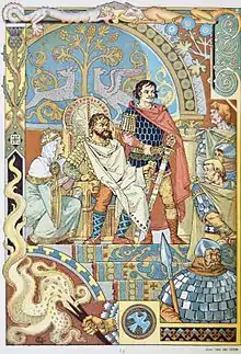 Dessin couleur en pleine page dans un style néo-moyennageux représentant Charlemagne, assis dans un trône, et quatre chevaliers semblant le défier
