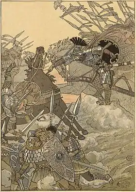 Beuves d'Aigremont (à droite) combattant les armées de Charlemagne dans l’Histoire des Quatre Fils Aymon illustrée par Eugène Grasset, 1883, p.25.