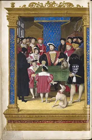 Lecture par Antoine Macaut devant François Ier et sa cour.Histoire universelle de Diodore de Sicile, miniature d'après Jean Clouet, musée Condé.