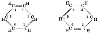 Schémas des deux structures équivalentes de Kékulé ; les atomes de carbone forment un hexagone et les liaisons entre eux sont alternativement simple et double ; un atome d'hydrogène est lié à chaque atome de carbone.