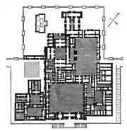 Plans du site et de la terrasse du palais de Khorsabad, et tentative de reconstitution de la zone palatiale d'après les conclusions des fouilles des consuls français. Le tracé des bâtiments est régularisé et donc imprécis, les fouilles postérieures ayant révélé que les murs n'étaient pas strictement parallèles et perpendiculaires les uns par rapport aux autres.