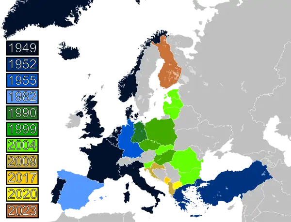 A map of Europe with nine colors that refer to the year different countries joined the alliance.