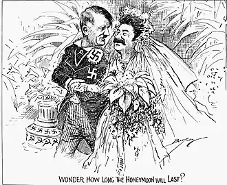 Wonder how long the honeymoon will last?, 1939. Hitler et Staline signent le Pacte germano-soviétique, mais « combien de temps la lune de miel va-t-elle durer ? ».