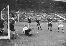 India scoring their third goal against Britain at the 1948 final