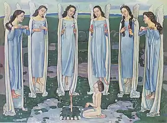 Peinture de Ferdinand Hodler représentant son fils entouré d’anges.