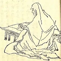 Dessin à l'encre sur fond jaune d'une femme de dos, assise devant une table basse.