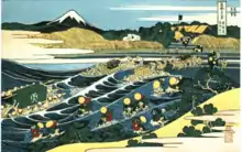 Voyageurs traversant le fleuve Ōi par Hokusai.