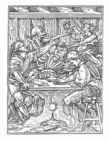 Gravure en noir et blanc. Trois hommes jouent à une table, celui du milieu est emporté par un squelette et un démon.