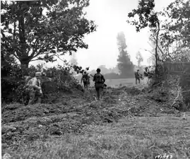Hedges and trees cover each side of the photo. In the centre, a gap in the hedge, three men move away from the camera through the gap. A fourth man can be seen on the left side of the photo.