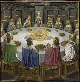 Dessin coloré représentant quinze hommes aux mains levées, positionnés autour d'une table ronde, observant une coupe dorée placée en son centre.