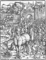 Gravure sur bois tirée de l'édition de Strasbourg des œuvres de Virgile (1502), verso de la page 162. Sur la gauche, le serpent attaque Laocoon et ses fils, au centre le cheval de Troie avec Sinon et Priam.