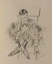 Caricature illustrant un homme assis sur une chaise.