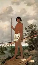 Guerrier brésilien avec arc et flèches traditionnels et un couteau européen.