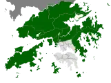 En vert, les Nouveaux Territoires, passés sous bail anglais de 99 ans en 1898. Les densités urbaines sont variables, et la région est en expansion démographique.