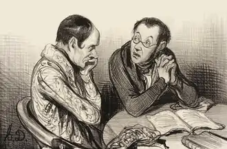 Caricature de Daumier montrant deux hommes attablés et songeurs