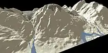 représentation tridimensionnelle d'une montagne au sommet plat et aux flancs abrupts.