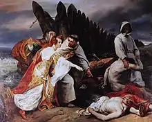 Tableau réaliste montrant une femme éplorée entourée de moines qui désigne un homme mort étendu au sol