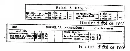 Horaire de la ligne Roisel-Hargicourt en 1927.