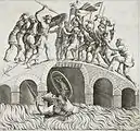 Horatius Coclès revient à la nage vers Rome après avoir défendu l'accès au pont Sublicius, gravure du XVIe siècle.