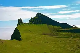 Vue du Hornbjarg côté terre et plus précisément du Breiðanef dominant le Miðdalsvatn.