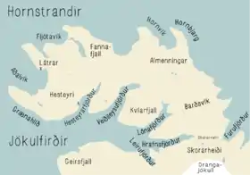 Carte de Hornstrandir avec le Jökulfirðir au sud.