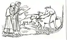 Gravure représentant un cheval à droite, attaqué par deux chiens eux-mêmes encouragés par deux hommes à gauche.