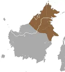 Carte de Bornéo avec une grande zone marron sur le nord de l'ile