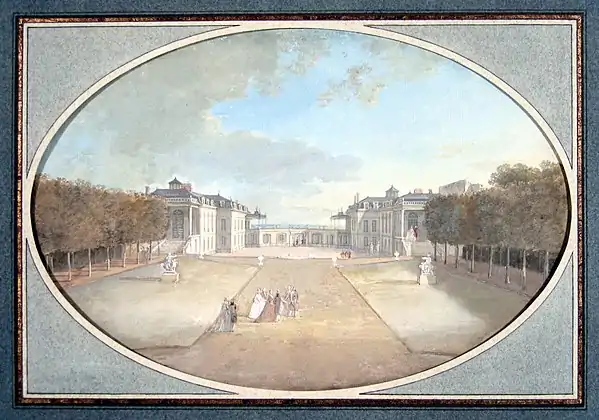 L'hôtel peint depuis le centre du « parterre de gazon de quatre pièces découpées »  dans les années 1770 par Alexis-Nicolas Pérignon.