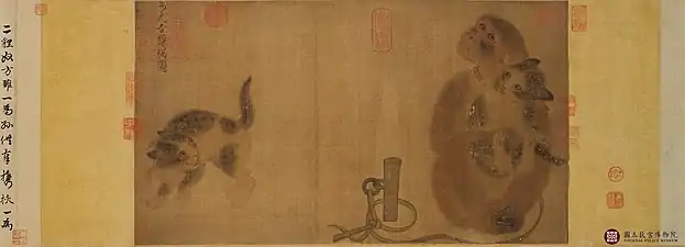 Singe et chats. Yi Yuanji, XIe siècle. Encre et couleurs légères sur soie. 31,9 x 57,2 cm. Rouleau horizontal. Musée national du Palais, Taipei.