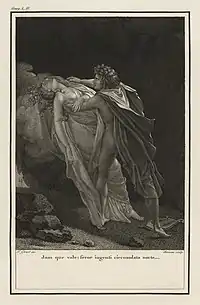 Gravure noir et blanc. Un homme demi-nu de dos retient dans ses bras une femme évanouie, penchée en arrière.