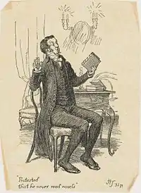 Gravure. Un clergyman assis regarde d'un air offusqué le titre du livre qu'il tient