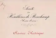Lettre manuscrite = Société des Houillères de Ronchamp, Haute-Saône ; lettres rouges = service électrique.