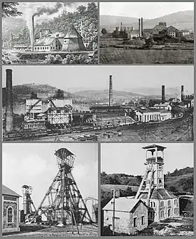 Logo des Houillères et photos multiples d'installations industrielles de plusieurs époques.