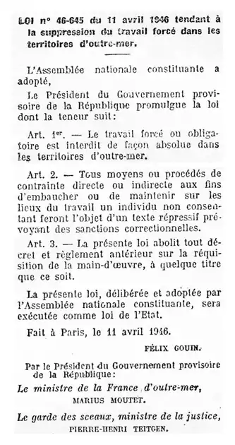 Loi Houphouet-Boigny du 11 avril 1946 mettant fin au travail forcé dans les colonies françaises