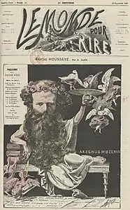 Caricature d'Arsène Houssaye et titre du journal (Le Monde pour rire, 25 septembre 1869).