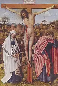 Le Christ sur la croix entre Marie et Jean.