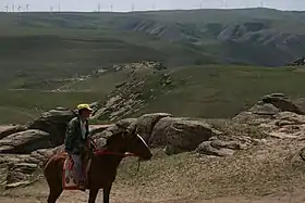 Un homme sur un cheval dans un paysage de collines