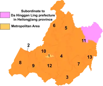 Carte d'Hulunbuir, présentant ses subdivisions numérotées de 1 à 13.
