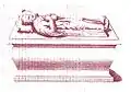 Gravure représentant un gisant sur une tombe.