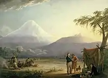 Tableau montrant deux Occidentaux interagissant avec un indigène et, en arrière sa tribu, avec en fond une grand montagne blanche arrondie.