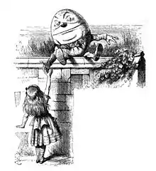 gravure tirée d'Alice au Pays des merveilles : Alice serre la main d'un personnage rond comme un œuf