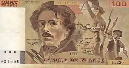 Au recto du billet de banque 100 francs Delacroix, l'autoportrait d'Eugène Delacroix tenant au premier plan, sa palette et ses pinceaux devant un détail du tableau, La Liberté guidant le peuple.