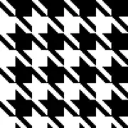 Pied-de-poule (croisant des trames horizontales ou verticales alternant chacune 12 fils blancs puis 12 fils noirs, avec un croisement des trames tous les 4 fils). Ici les fils de même couleur parallèles ou croisés ne sont pas visiblement séparés, on distingue seulement sur la même face les alternances de couleur.