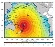 Temps de parcours du tsunami à travers le Pacifique par la NOAA.