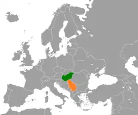 Localisation de la Hongrie (en vert) et de la Serbie (en orange) en Europe.