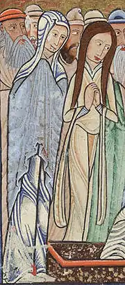  Détail d'une enluminure du psautier de York (1170) : Marthe et Marie debout, presque l'une contre l'autre, avec cinq personnages barbus et coiffés de bonnets derrière elles, figurant comme une foule. Habillées de longues robes enveloppant leur corps, l'une, à gauche, a la tête voilée, l'autre, à droite, encadrée par des cheveux très bruns et de longues nattes. Elles joignent les mains, celles de gauche sous son châle, celles de droite par-dessus son vêtement. Cette dernière (Marthe? Marie?), tourne fortement les yeux vers la droite du tableau (invisible ici), où le Christ réveille Lazare d'entre les morts, l'autre semble fixer les yeux ailleurs.
