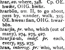 Quelques mots écrits avec hwair, dans la Grammaire du langage gotique de Joseph Wright