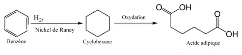 Le benzène est réduit en cyclohexane pour la fabrication du nylon en utilisant le nickel de Raney.