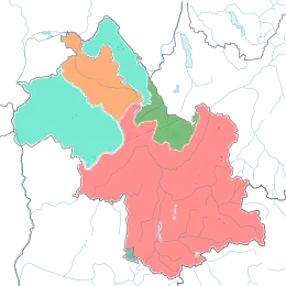 Carte colorée de l'Isère indiquant les bassins hydrographique, la carte montre que le bassin de l'Isère et du Drac couvre la plus grande partie du territoire, plus de la moitié.