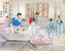 Peinture montrant une scène de vie dans une boutique. Cinq clients semblent attendre de se faire servir une boisson par une femme pendant qu'un jeune garon assiste à la scène.